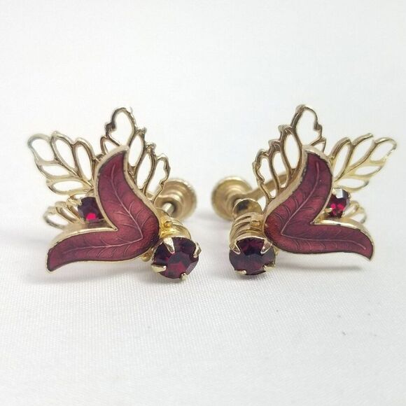 Vintage Red Enamel and Gold Tone Filigree Clip On Earrings, Screw Backs, Estate - Picture 2 of 6